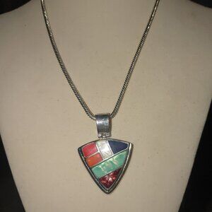 Vintage Pendant Necklace Multi Color Inlay Silver Tone Snake Adjustable Chain